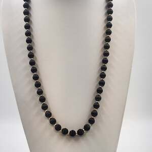 Black Satin Thread Wrapped Bead Necklace Gold Tone Spacers Long Strand Vintage
